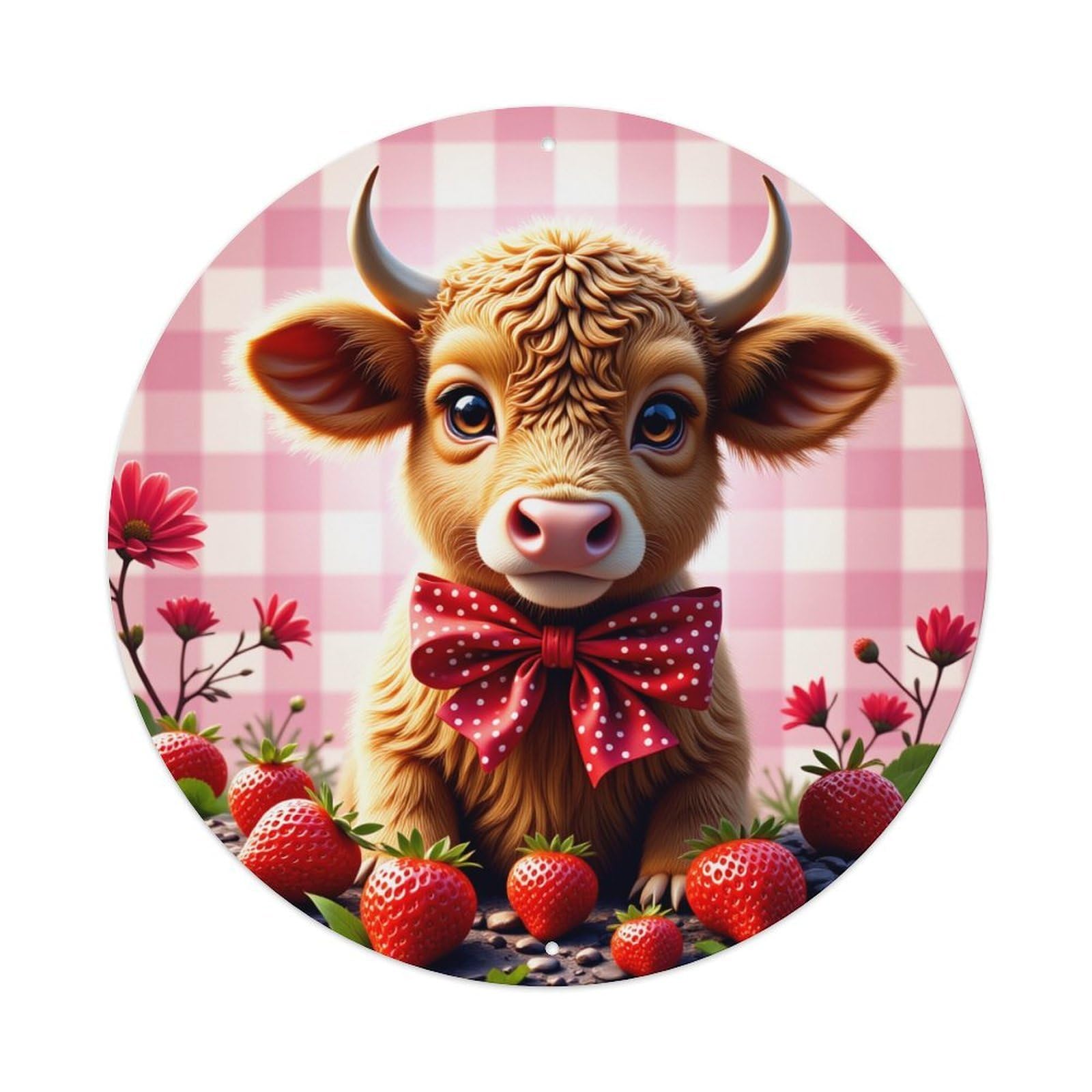 Pink Checkered Background With Strawberries And Flowers Round Tin Sign Retro Metal Sign for Cafe Bar Pub Home Game Room Gym Club Wall Decoration Vintage Metal Poster 8x8 Inch