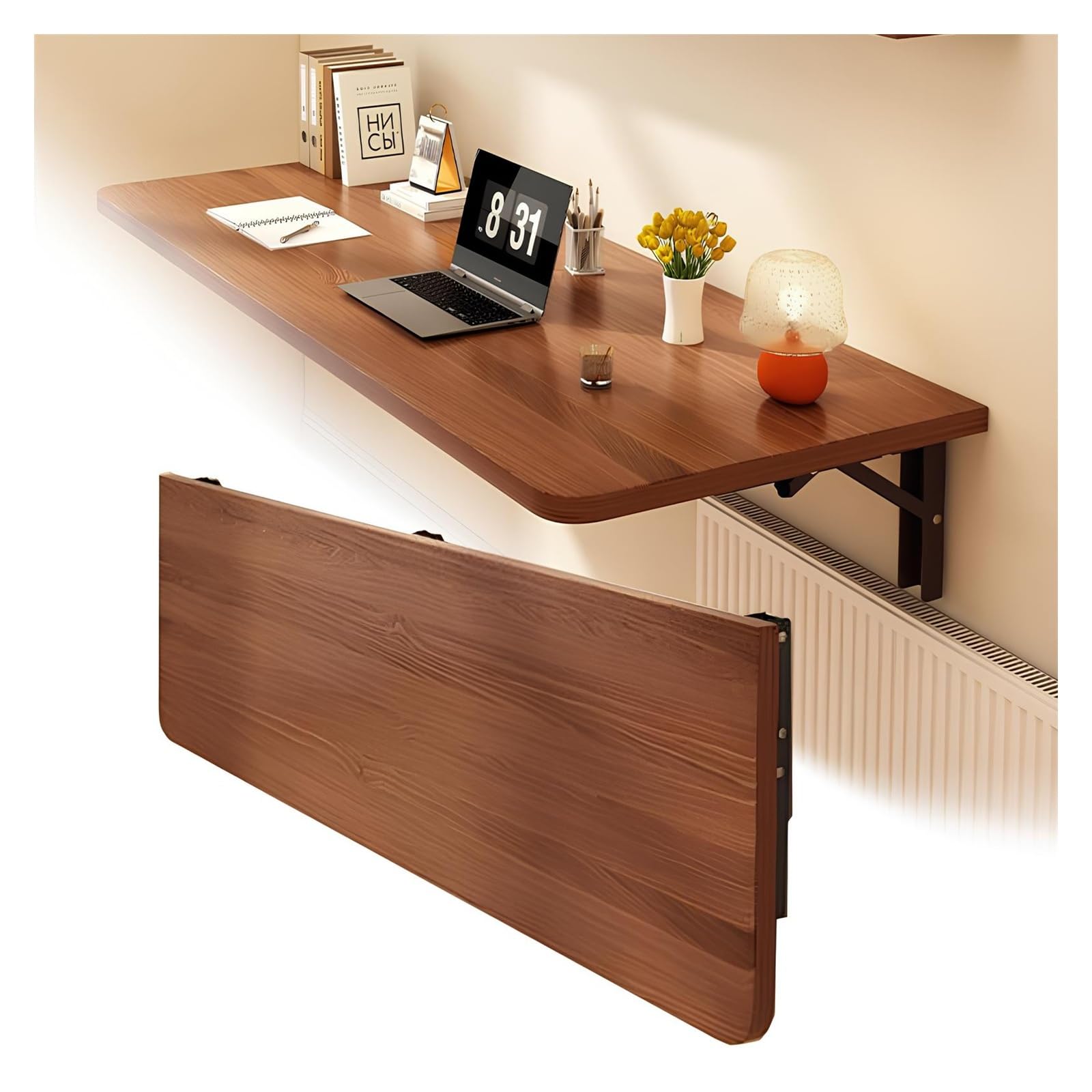 Floating Wall Mounted Fold Down Wooden Drop Leaf Table Space Saving Folding Breakfast Bar Table (Brown 60 * 40cm/23.6 * 15.7in)