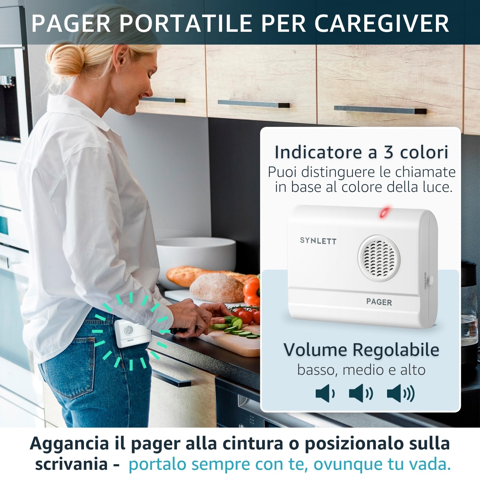 Cercapersone Wireless con 2 Pulsanti SOS 1 Sensore di Movimento e 1 Pager Portatile Sistema di Allarme per Badanti Anziani Prevenzione Cadute Emergenze Casa Cura