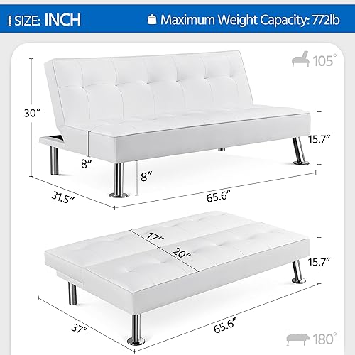 Miniatura 3 de Yaheetech Futón plegable moderno, sofá biplaza de piel sintética negra, futón convertible para sala de estar, color blanco