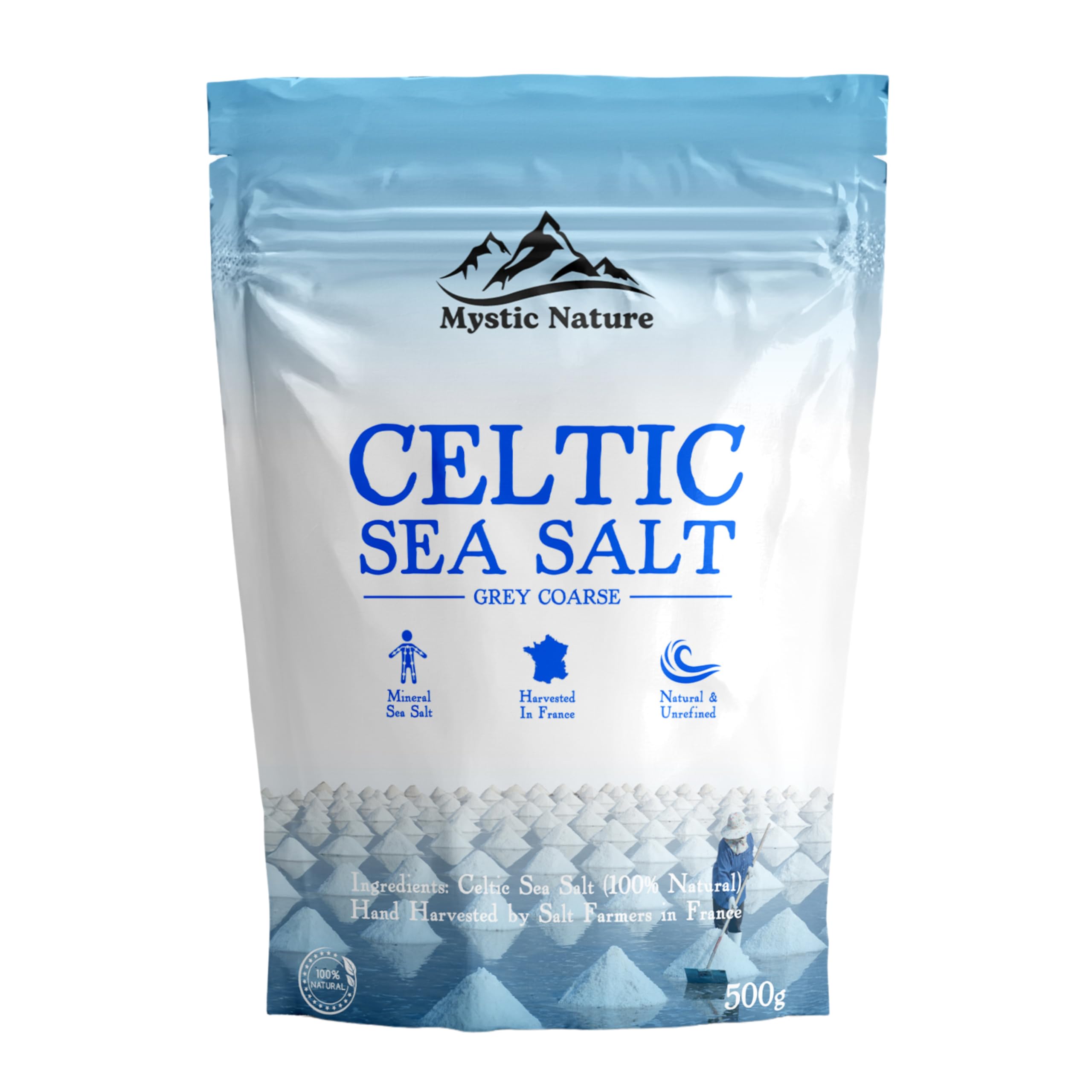 Mystic Nature Celtic Harvest - 1.1 LB | Rich in 82 Essential Minerals | Natural & Unrefined | Hand Harvested Grey Coarse Celtic Crystals from France