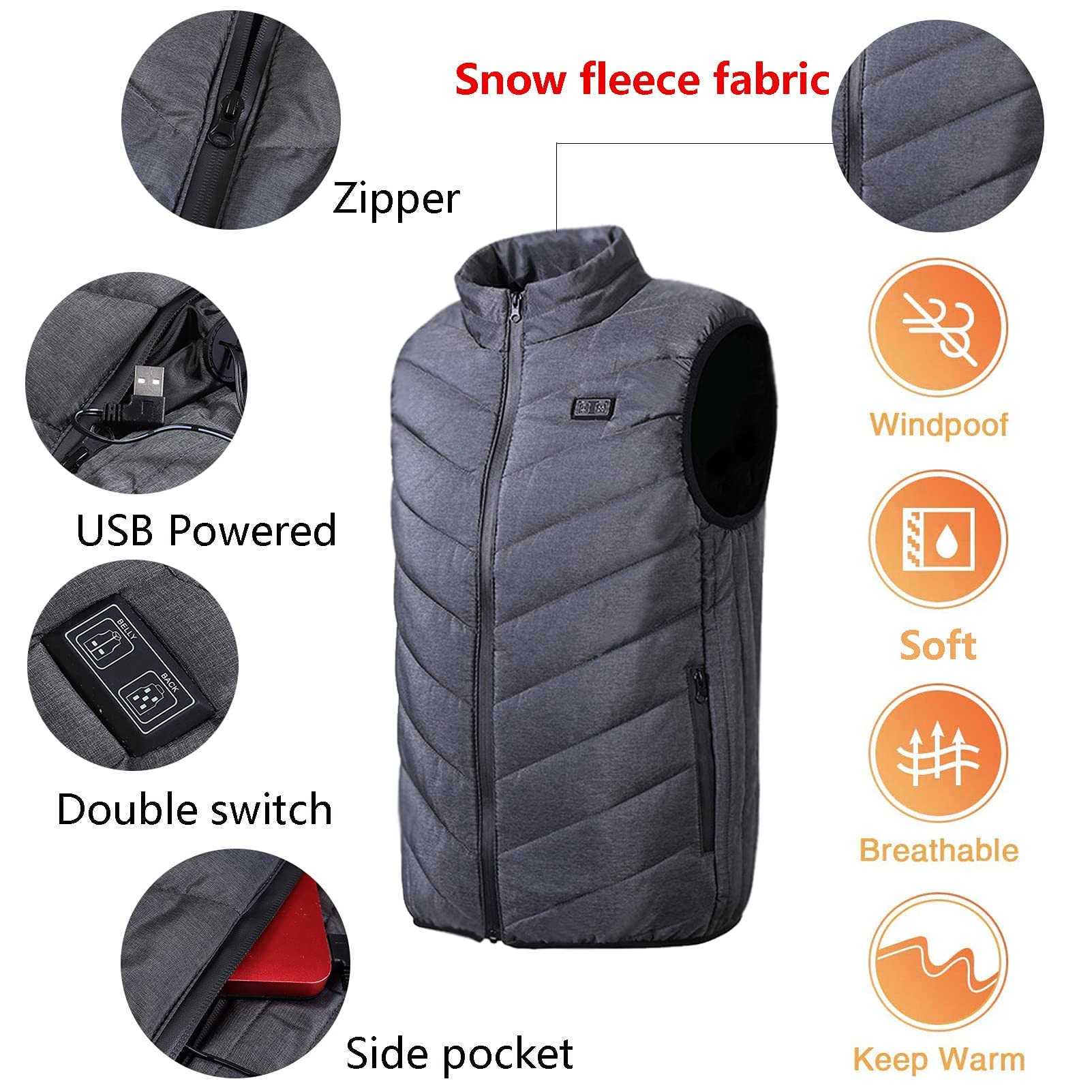 Chaleco calefactable con Carga USB, Chaqueta eléctrica Ligera, Calentador Corporal, 7 Zonas de Calentamiento para Actividades al Aire Libre (no Incluye batería Externa) (Gris S)