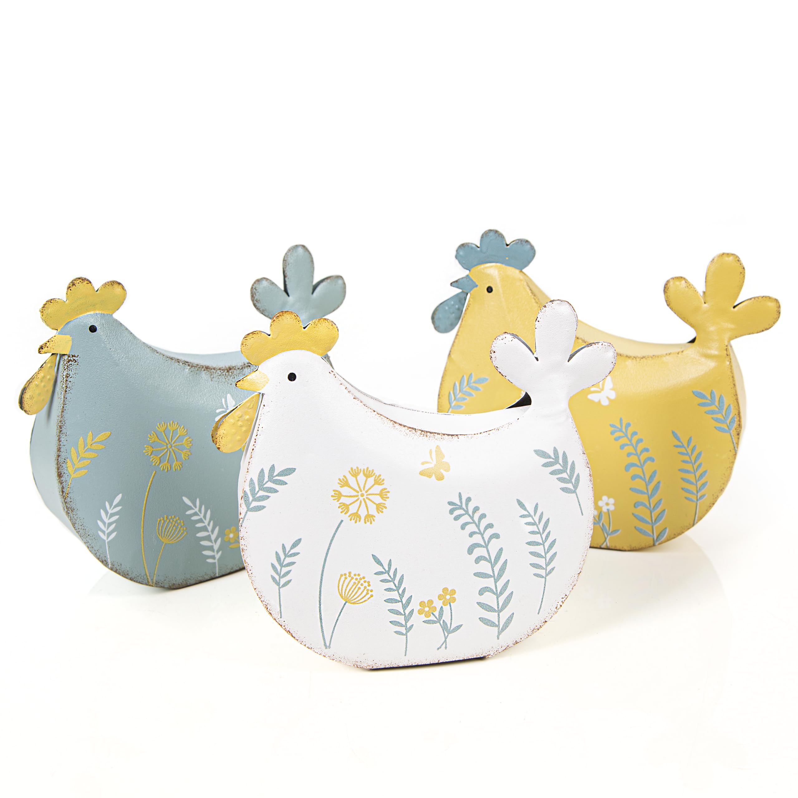 Logbuch-Verlag Deko 3 Hühner Deko Ostern aus Metall gelb weiß blau zum Hinstellen 15 cm Geschenk Küche Sommer Garten 15 x 13 cm