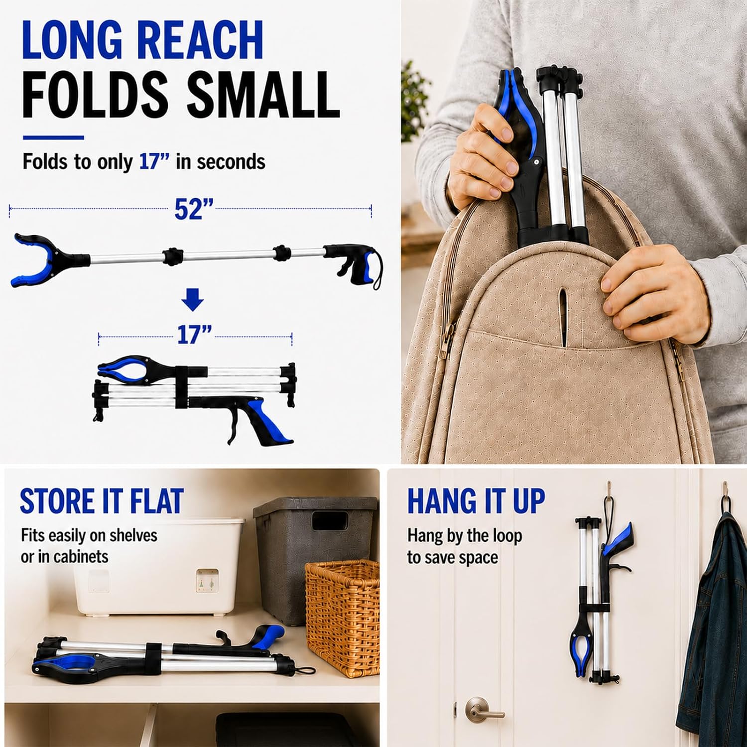 Hsuhaus 52" Extra Long Grabber Reacher Tool, Foldable Reacher Grabber Pickup Tool with 4" Wide Anti-Slip Jaw, 360° Rotating Head, Dual Magnets for Home Use, Trash Pickup, Hard-to-Reach Areas