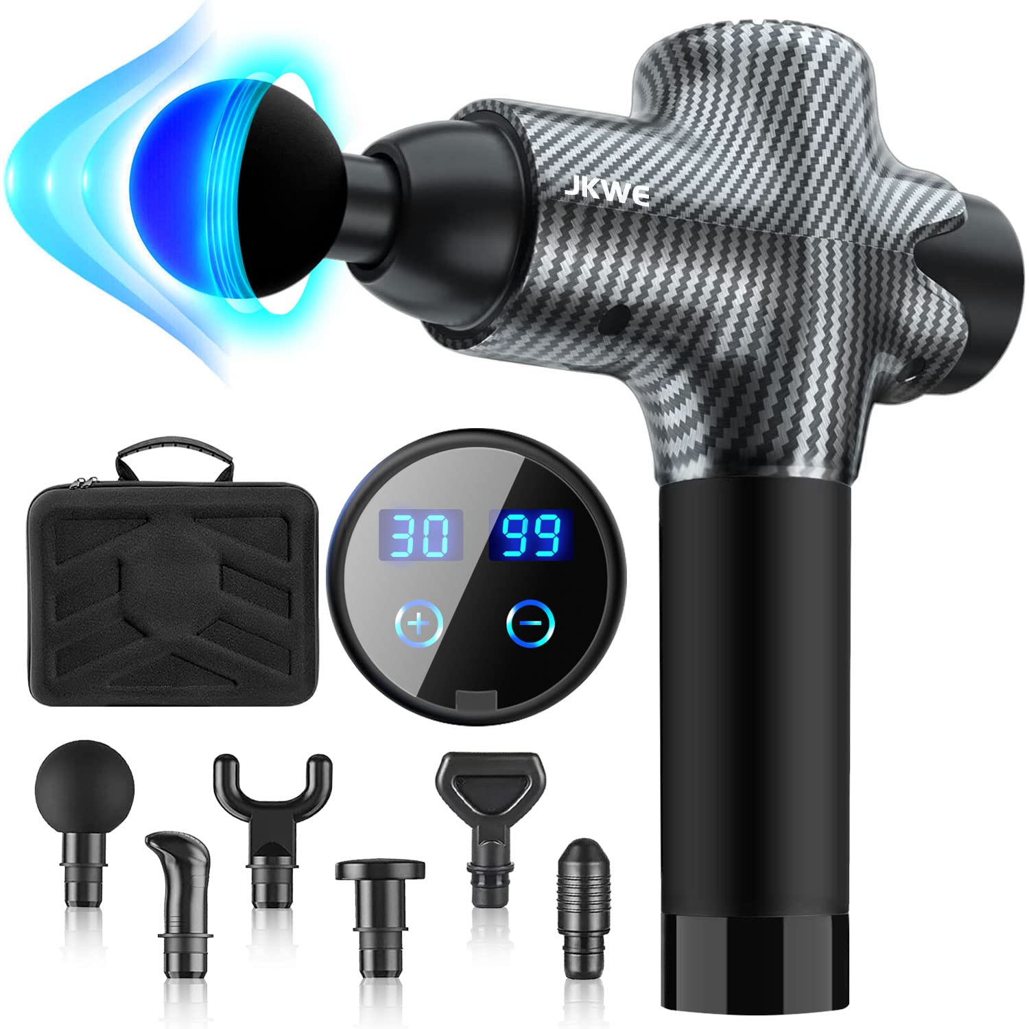 JKWE Muscle Massage Gun Deep Tissue for Athletes, Percussion Electric Massagers for Neck Back, Shoulder Body Pain Relief, 30 Speeds Quiet Handheld Massager, LCD Touch Screen with 6 Heads