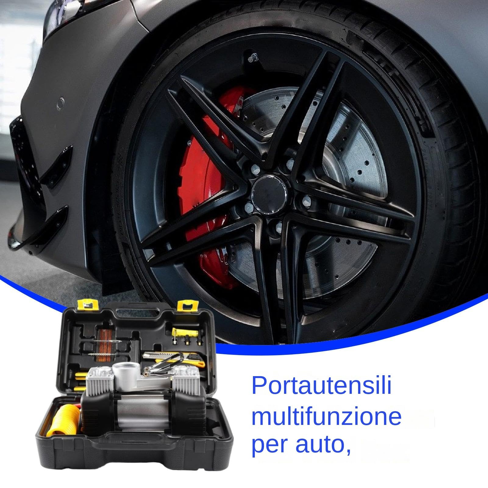 Kit Strumenti Pompa Aria per Auto Kit Del Compressore Inflatore Da 12 Volt | Set Di Utensili Per Pompa D'Aria per Autovetture Motocicli Camion Camper Campeggio Garage Officina e Casa