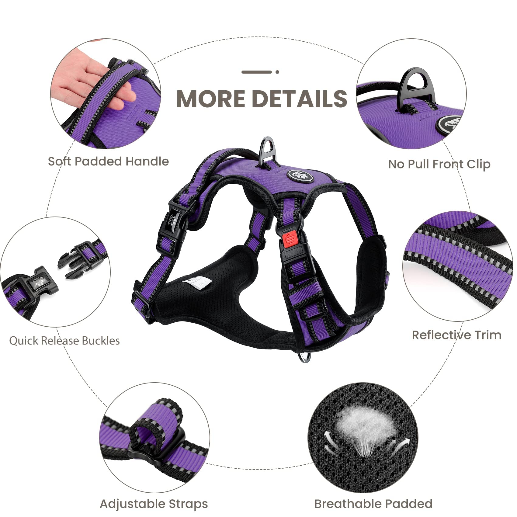 FURRYFECTION Dog Harness | No Pull Dog Harness | Reflective Oxford | Padded Handle | 4 Adjustable Straps | 2 Leash Clips | No Choke Pet Vest Harness for Small Medium Large