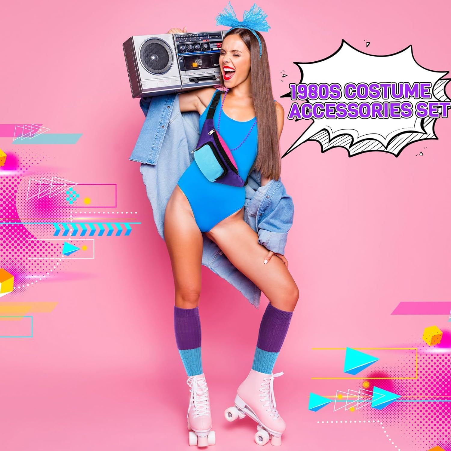 Handepo 19 Pcs 80s Costume Accessories Set Neon Retro 80s Fanny Pack Hairband Fishnet Gloves Bracelet Earrings Necklace Socks - Image 5