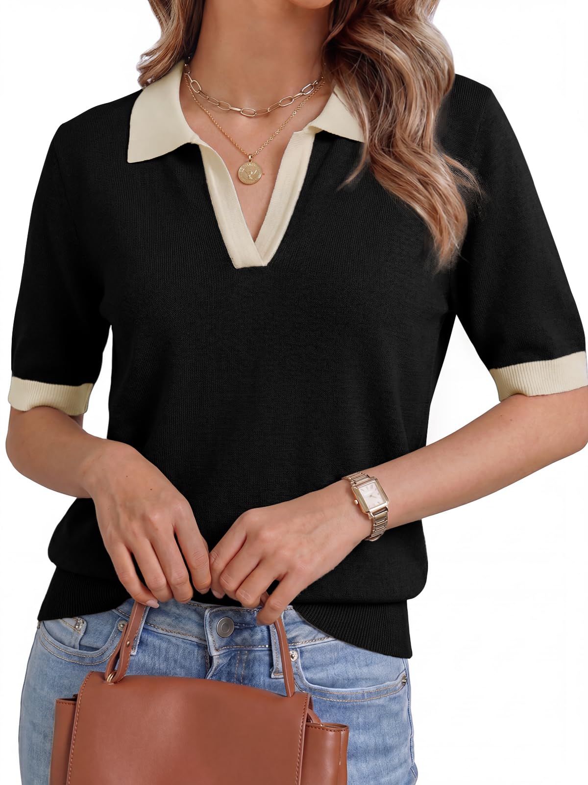 Women's Wool Blend V Neck Polo Sweater Lightweight Short Sleeve Knit Top for Casual and Office Wear-image-25