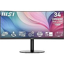 MSI Modern MD342CQP Monitor Curvo 34” UWQHD 1500R – Pannello VA 3440 x 1440, KVM, PIP, PBP, Ampia gamma colori, Altoparlanti integrati, Regolazione in 3 direzioni – HDMI 2.0b, DisplayPort 1.4a