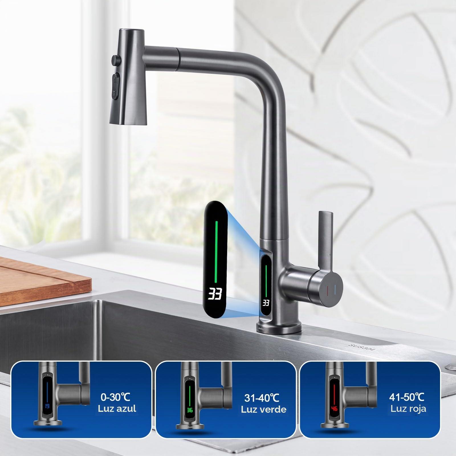 Grifo de Cocina Extraible Gris con Temperatura LED, 3 Modos de Salida Agu | Grifo Cocina LakeBayMZC Giratorio 360° con Temperatura LED, Grifo Monomando Para Cocina Con 3 Tipos de Chorro, Gris 360°
