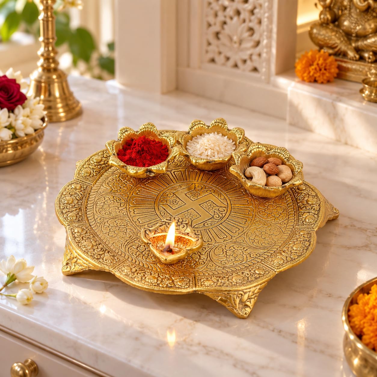 Gold Pooja Thali Set - Elegant Design & FREE SHIPPING -1