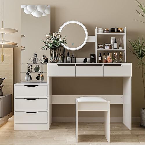 Juego de tocador grande de maquillaje blanco con espejo iluminado, espejo de longitud, 6 cajones y estantes, tocador y taburete acolchado