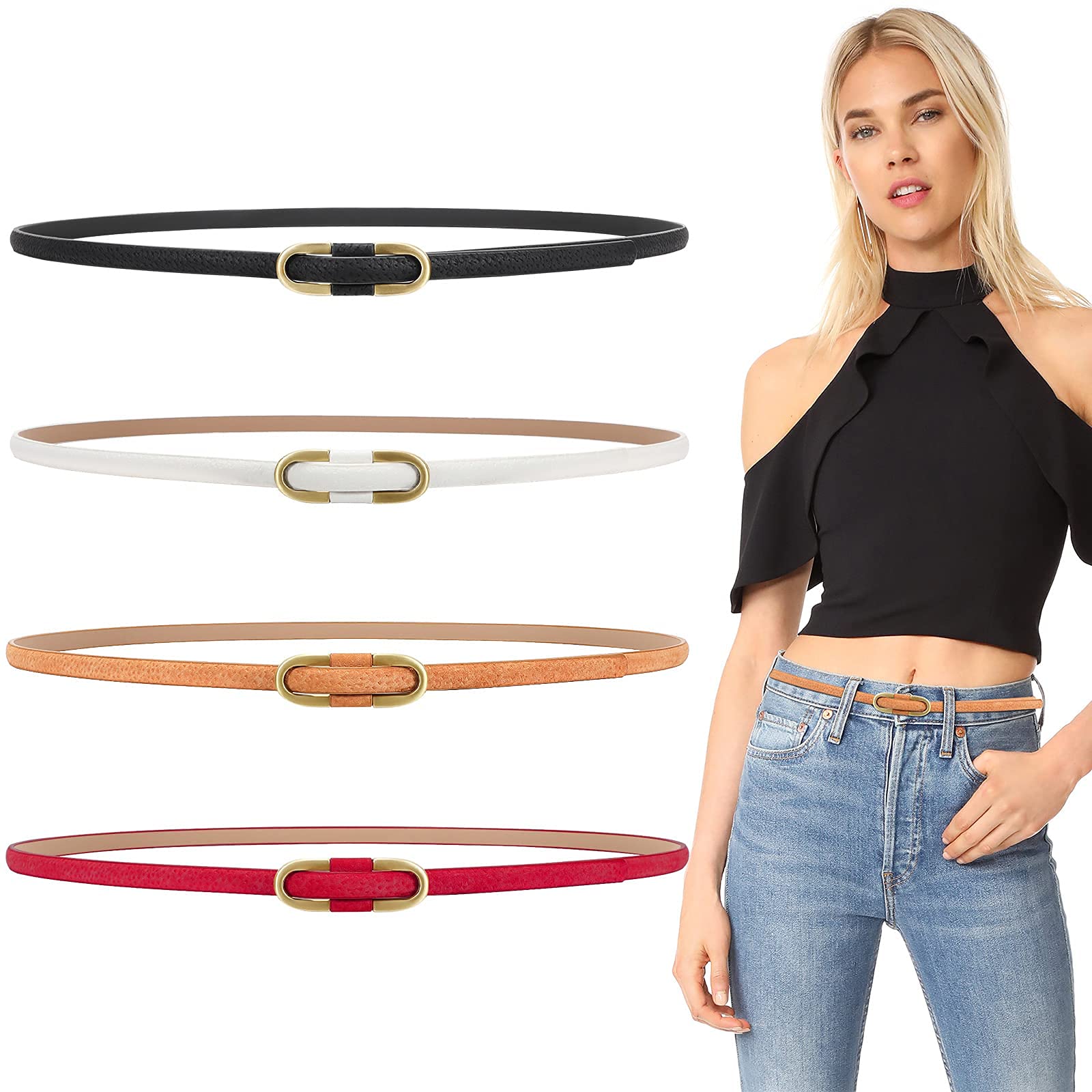 SYOSILeather Belts Women Skinny Super Slim Thin Waist Jeans Belt No Pin Buckle for Jeans Pants Dress 4 Pieces, One Size