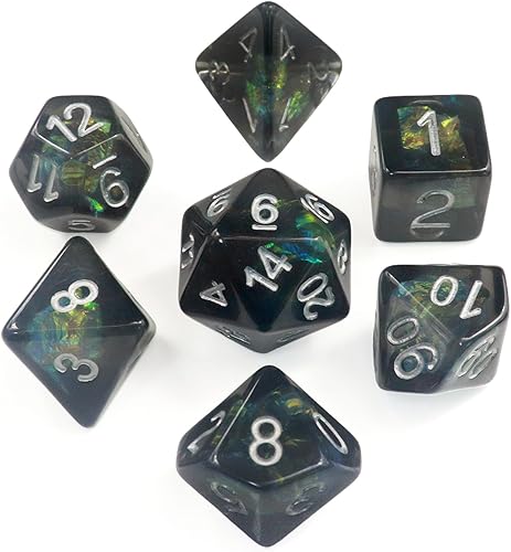 PJOY DND - Juego de 7 dados poliédricos verdes y morados con bolsa de dados de terciopelo para juegos de rol como Calabozos y Dragones (trío místico)