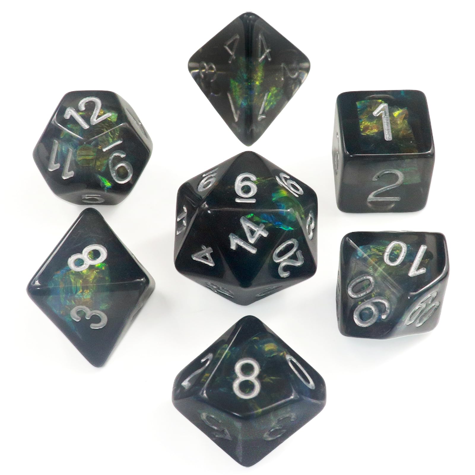 PJOYBlack Resin Dice Set DND Dice with Iridescent Mylar Inclusion Polyhedral Dice D&D Dungeons and Dragons Accessories Gifts