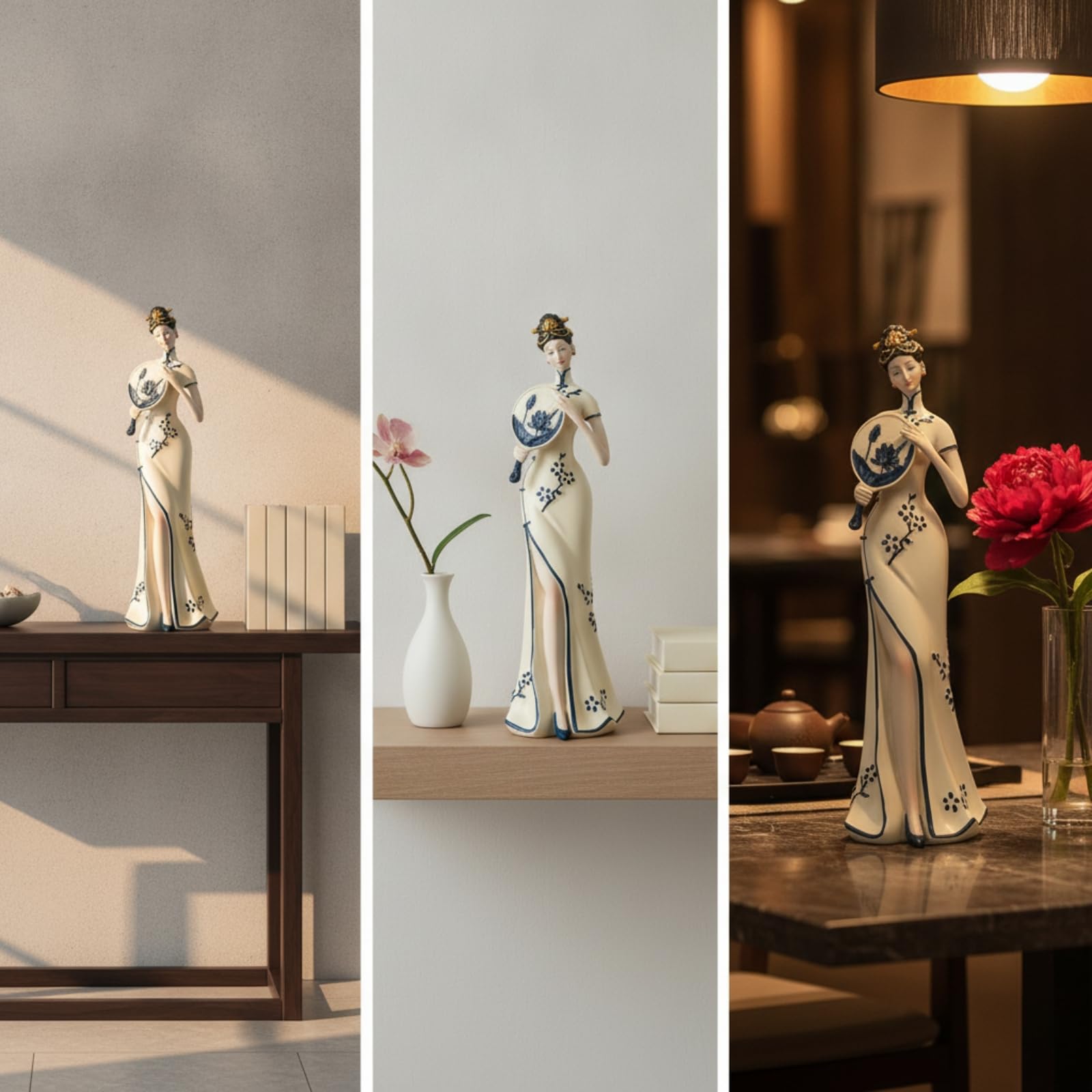 Colcolo Orchidee Figurine Chinesische Dame Statue Skulptur Wohnfigur Dekofigur aus Resin mit Glatter Und Modern Traditionsverbunden für Wohnzimmer, Damenfigur Mit Teetisch, Liegend, 18 cm Hoch