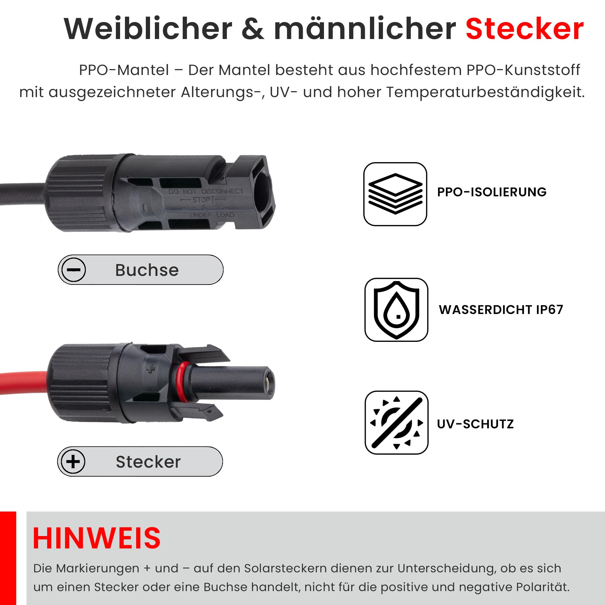 APV Solarkabel Verlängerung 6mm² 15 m Rot/Schwarz | Anschlussbereit mit Buchsen & Steckern | Witterungsbeständig für Photovoltaik-Anlagen