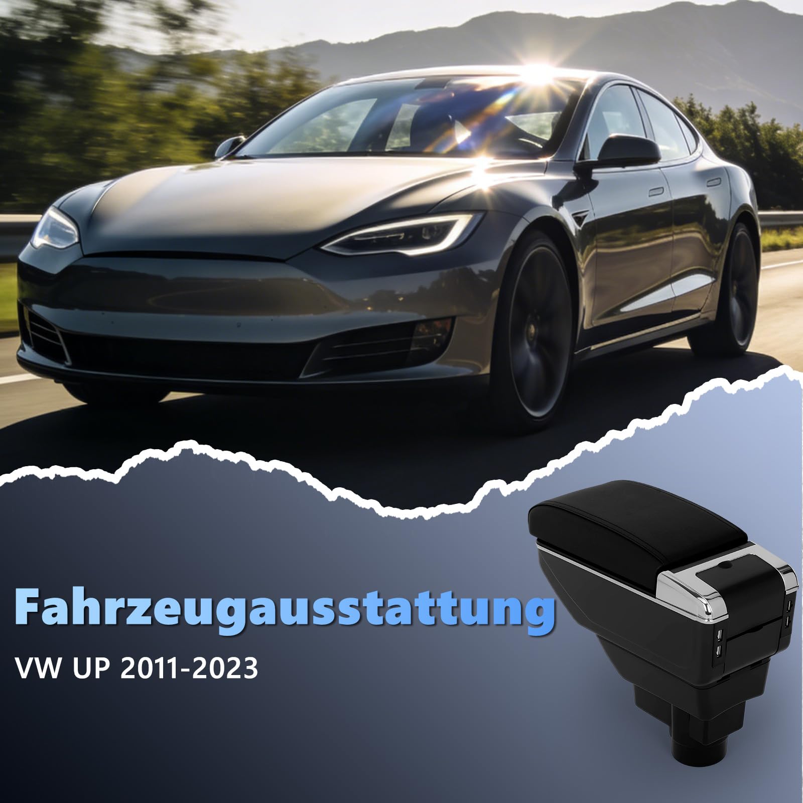 Mittelarmlehne für VW UP 2011-2023, Auto Armlehne Doppelschichtige Aufbewahrungsbox, Verstellbare Mittelkonsole, Kunstleder Schwarz