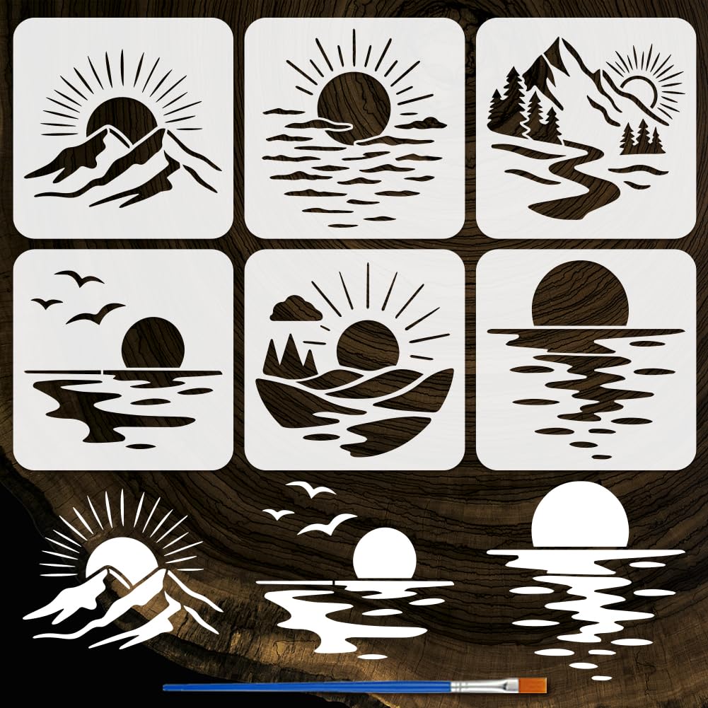 FINGERINSPIRE 6PCS Sun Mountains and Seas Stencils with a Brush 20x20cm Sunrise Pattern Painting Stencils Sunset Drawing Stencil Cloud Birds Stencil PET Nature Themes Template for Wall Decoration