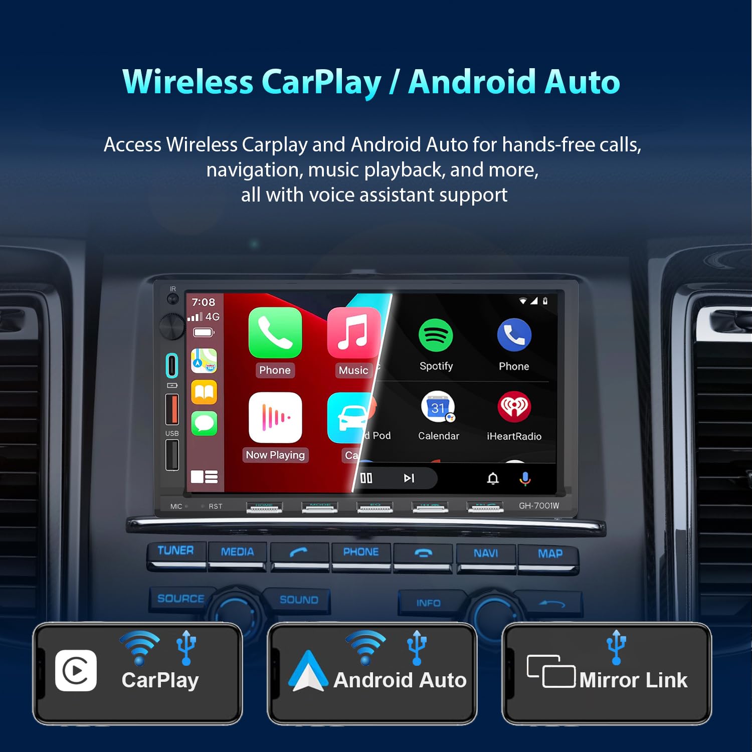 Autoradio Bluetooth 2Din mit 7" Bildschirm Wireless CarPlay