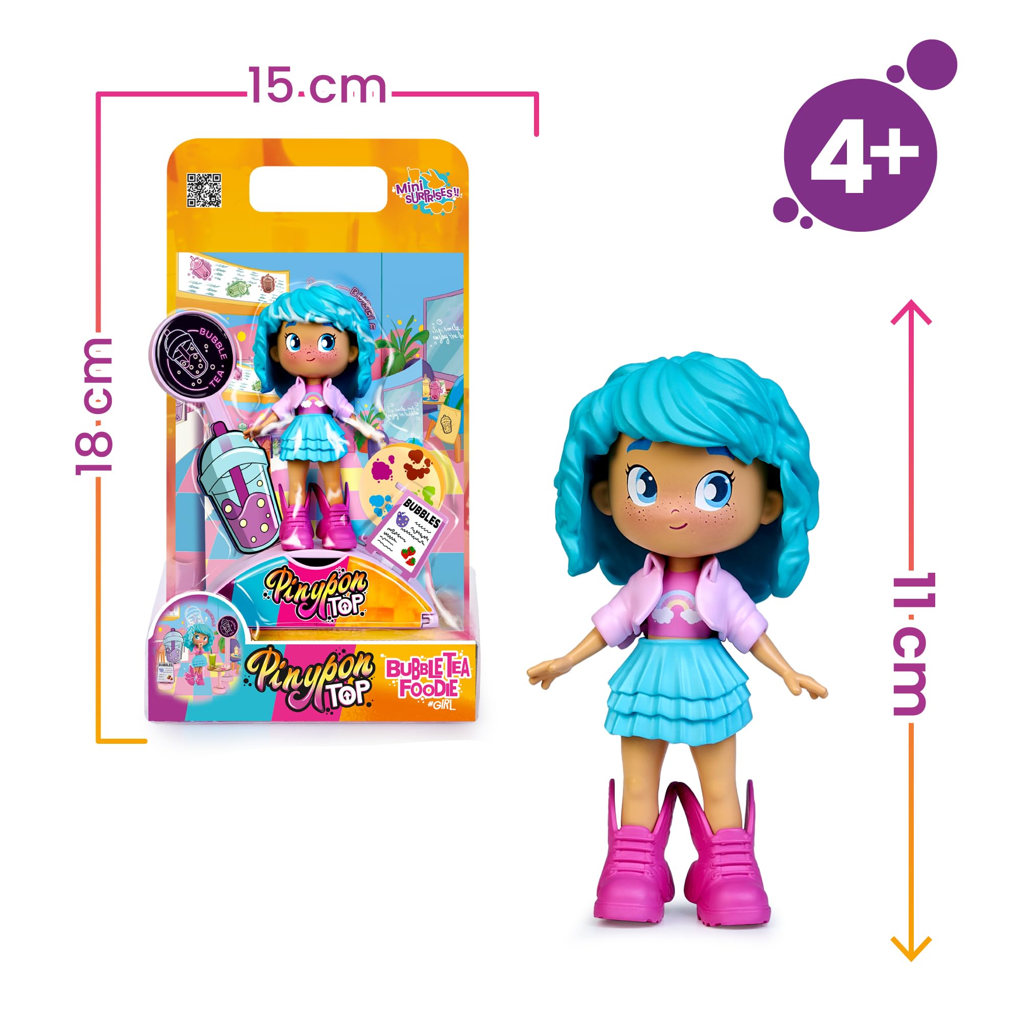 Pinypon TOP Bubble Tea Girl, Chica TOP con Temática Té de Burbujas, Figura Articulada de Brazos y Piernas, Doble Cara y Ropa y Zapatos Intercambiables, Sobre con Accesorios, +4 años, Famosa (PNN01300)