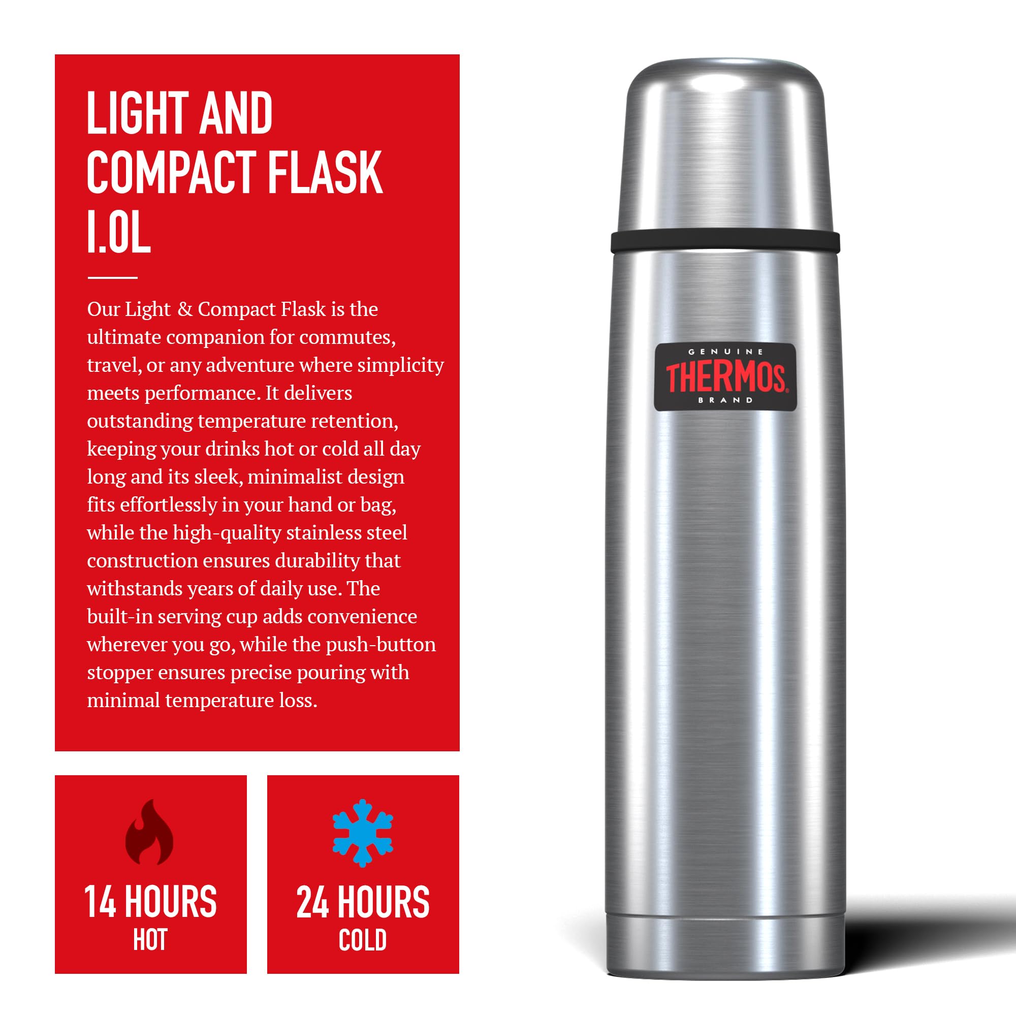 Thermos Edelstahl-Thermosflasche 1,0 l, leicht und kompakt