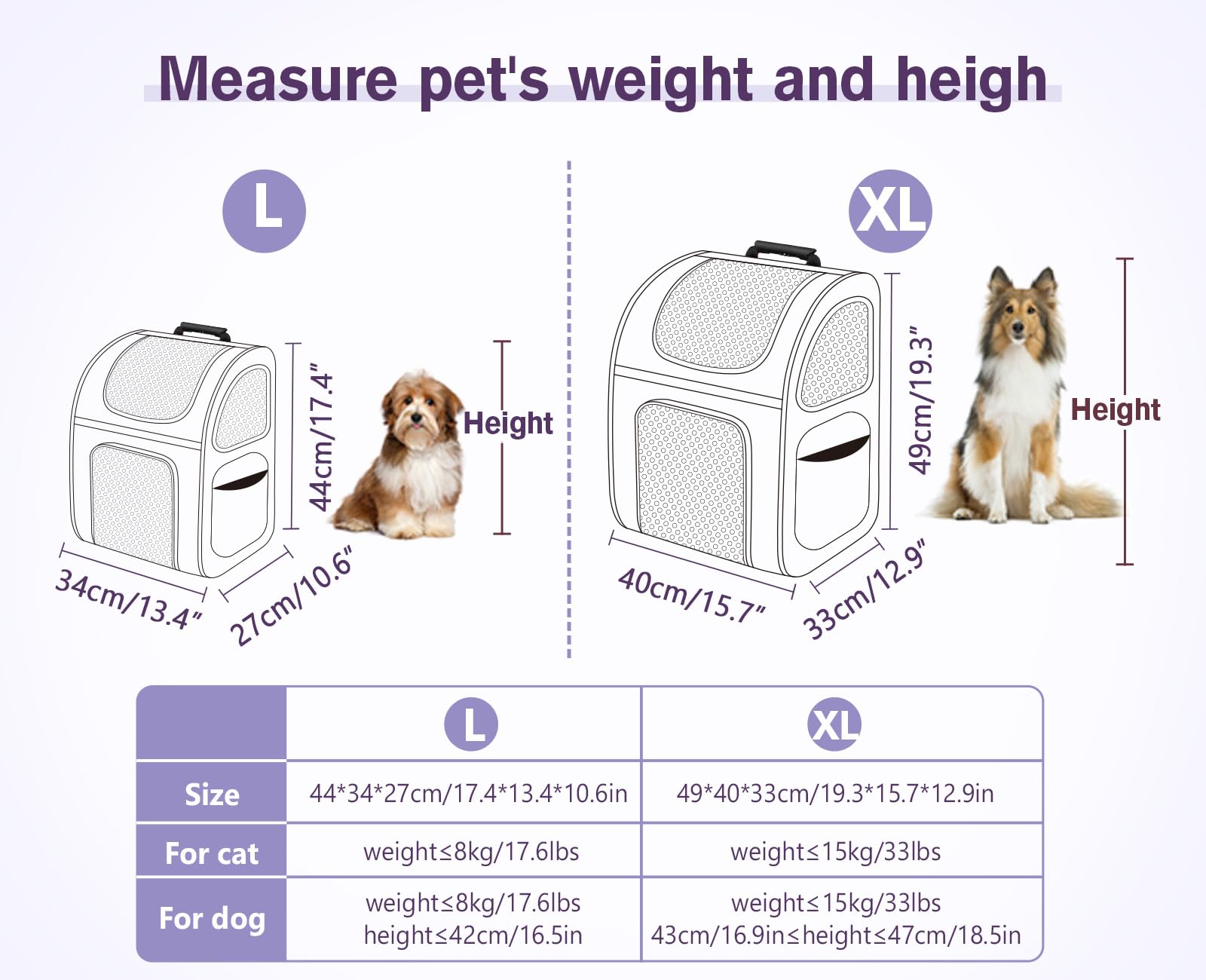 Pecute Zaino per cani Gatti Trasportino, Zaino portatile traspirante con Tasche Frontali con Apertura in Rete, La spaziosità è perfetta per il trasporto di animali domestici,viola