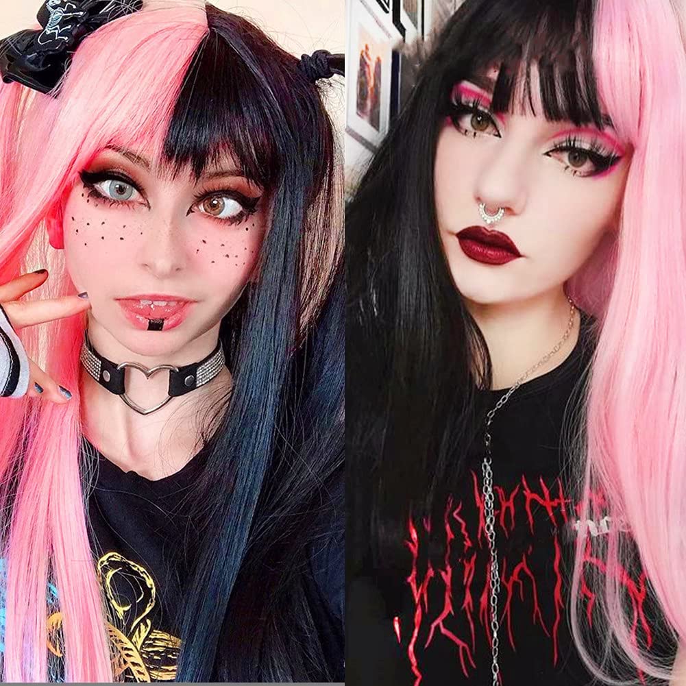 Swiking Lolita Wig - Half Pink, Half Black, Long Straight Cosplay Wig With Bangs, Natural Synthetic Hair