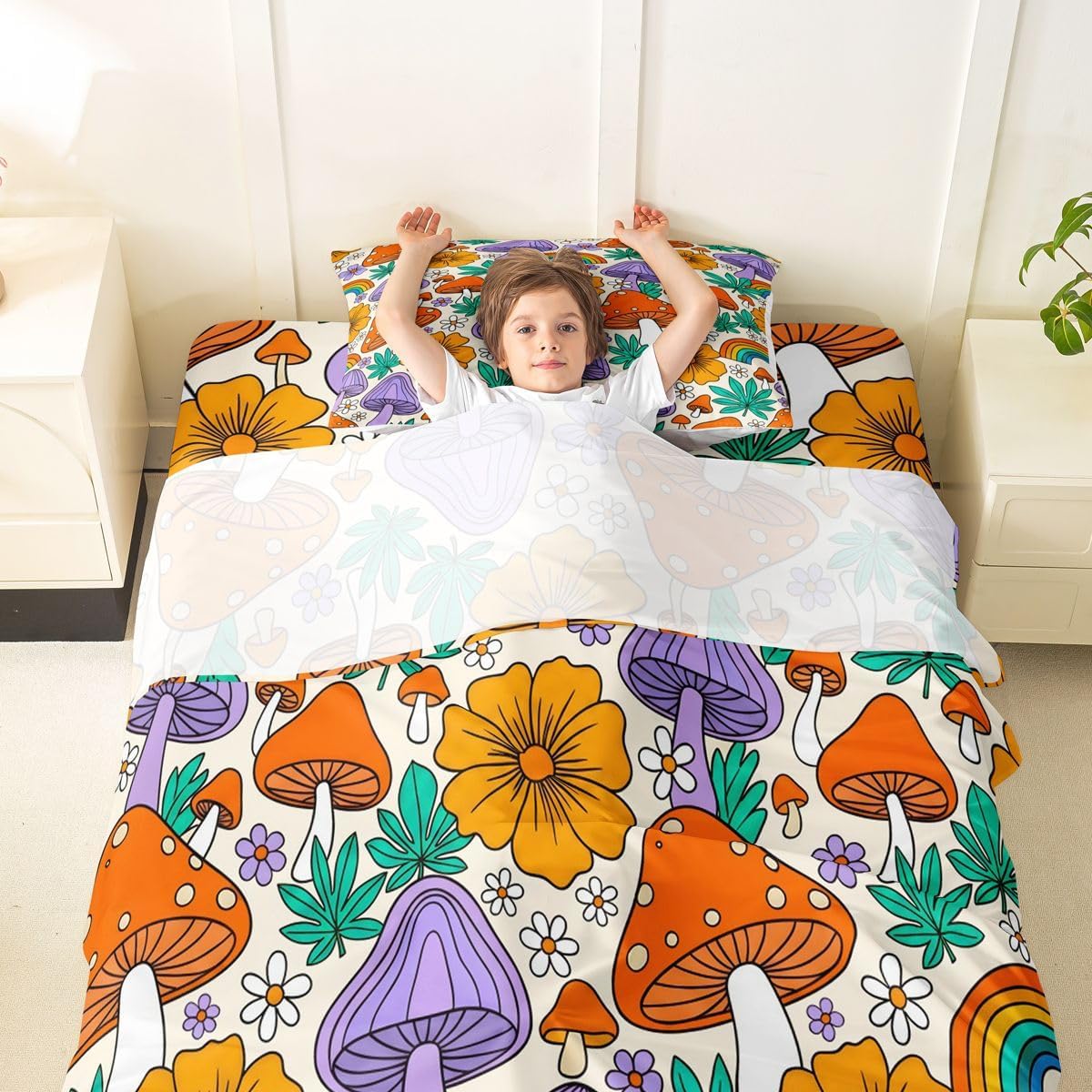 Feelyou Mushroom Bed Sheet Set Rainbow Eyed Print Bedding Set Retro 60S 70S Floral Fitted Sheet Flowers Groovy Flat Sheet for Kids Boys Girls 3Pcs with 1 Pillow Case Twin Size
