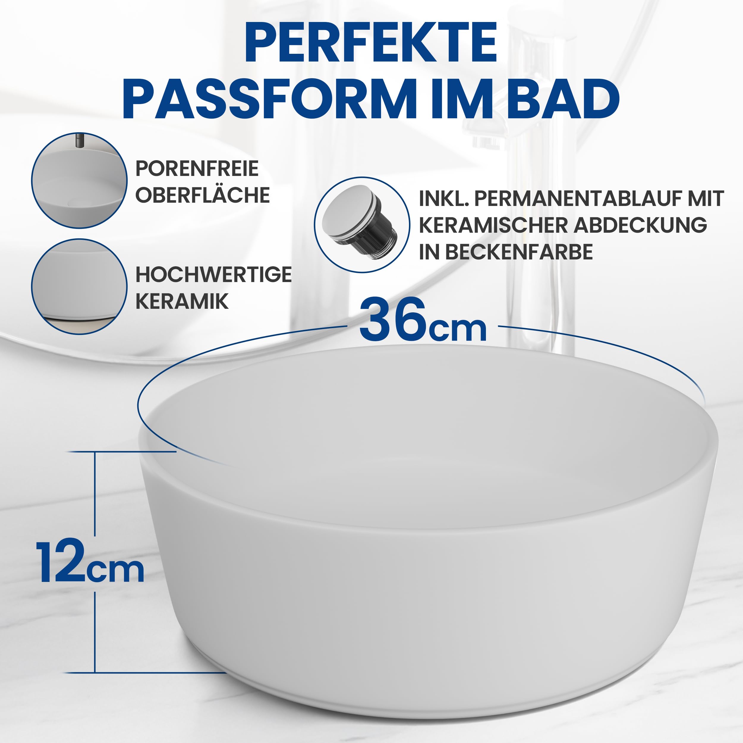 rtmr Aufsatzwaschbecken, Waschbecken rund 36 cm – Keramik Waschschale weiß matt – modernes Design Waschtisch Schüssel für Bad & Gäste-WC – Waschbecken rund inkl. Siphon