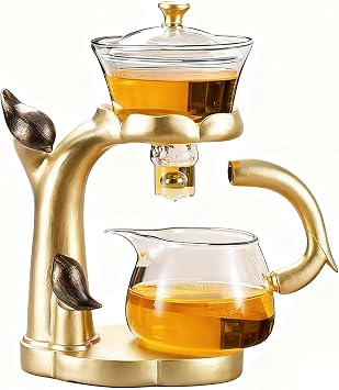 Lazy Kungfu Glass Tea Set Heat Resistant Semi Automatic Drip Rotating with Infuser Magnetic Teapot Set for Gongfu Tea Making Ideal Gold