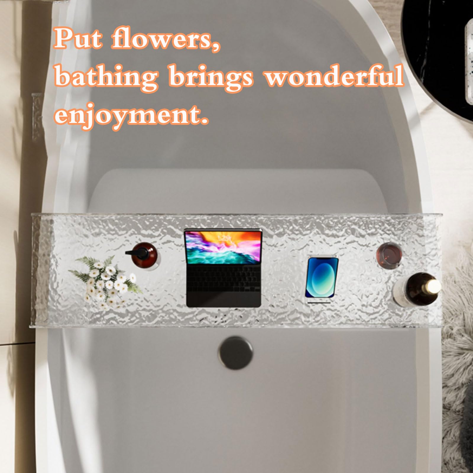 Bandeja de baño transparente impermeable – Estante de plástico para bañera, estante para velas, copas de vino, libros, teléfono, accesorios de bañera elegantes para relajarse