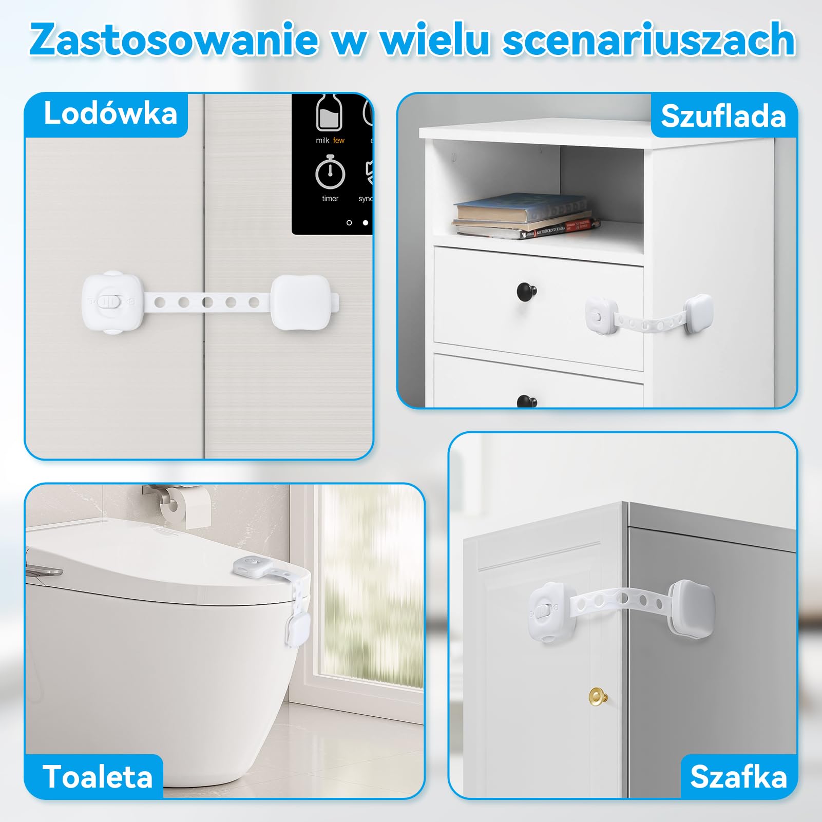 Bezpieczne zamki do szafek dla dzieci, 6-częściowe podwójne zamki zabezpieczające przed dziećmi, regulowane zamki zabezpieczające dla dzieci do szafek, szuflad, lodówki, toalety (biały)