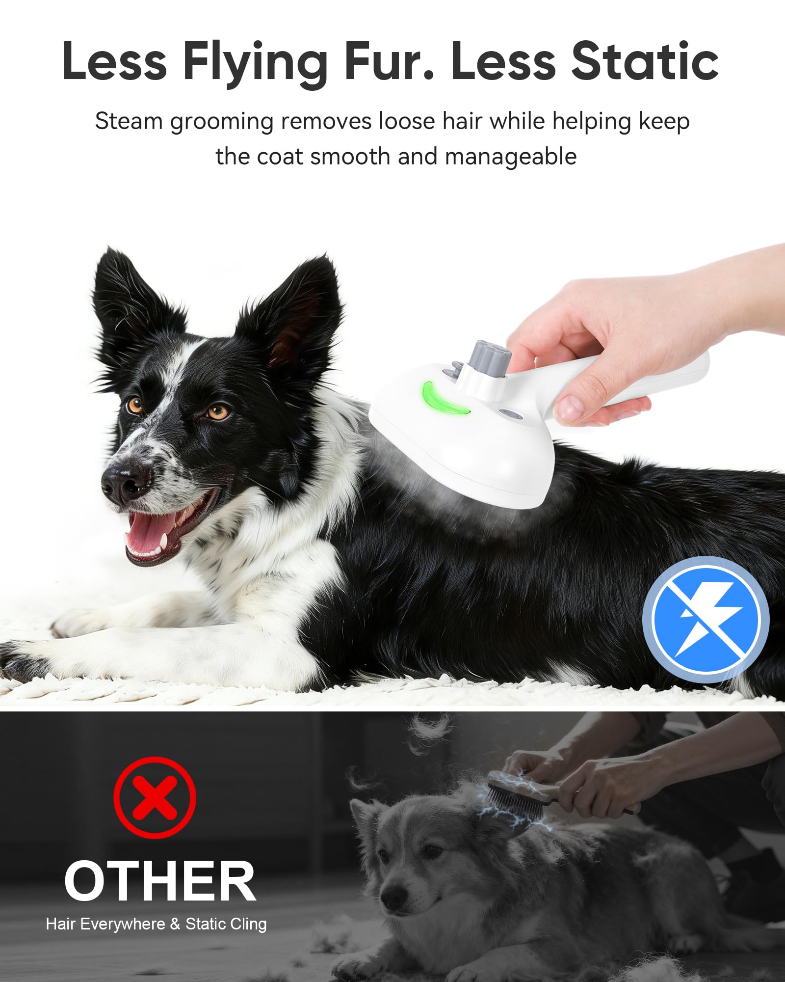 Haustier-Dampfbürste für Hunde und Katzen, Fellpflegekamm für Haarausfall, schwimmendes Haar, glatt und entwirrend, sanfter kühler Nebel, macht das Haar weicher, reduziert statische Aufladung und