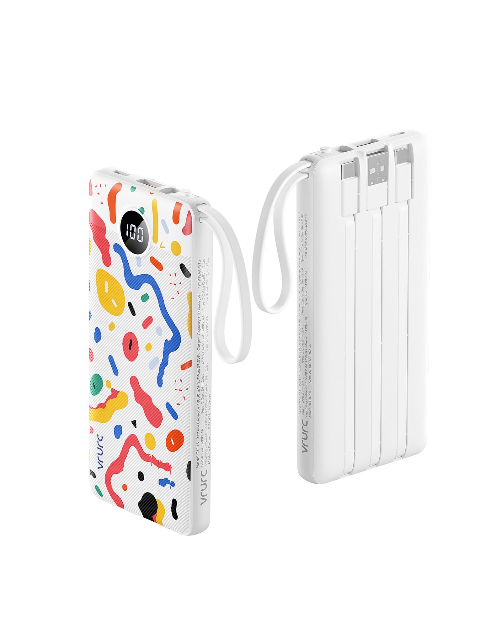 VRURC Portable Charger, Built-in Cables Power Bank 10000mAh | LED Display Slim USB C Battery Pack with 5 Output 2 Input for iPhone, Samsung, Android etc-White(1 pack)