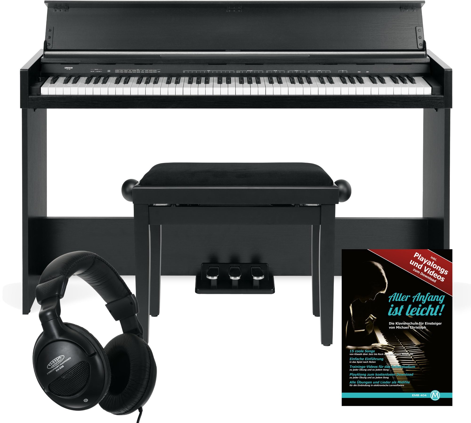 FunKey DP-1088 SM Pianoforte digitale sottile Set - 88 tasti sensibili alla velocità e 3 pedali - 20 suoni - Altoparlanti stereo integrati e comprensivo di banco e cuffie - Finitura nera opaca