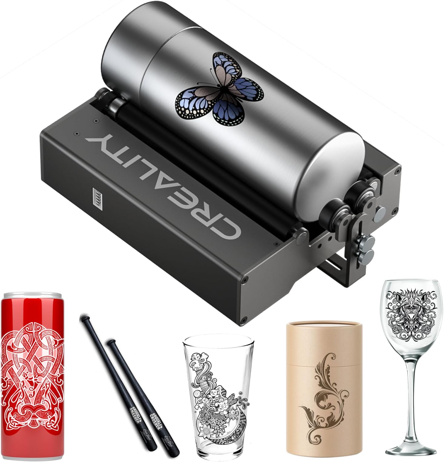 Laser Rotary Roller, Creality 360° Laser Engraving Machine Y-Axis Rotary Module for engraving curved objects, cylindrical & conical shapes from 5mm to 120mm diameter, cups, bottles, pens, cans, etc
