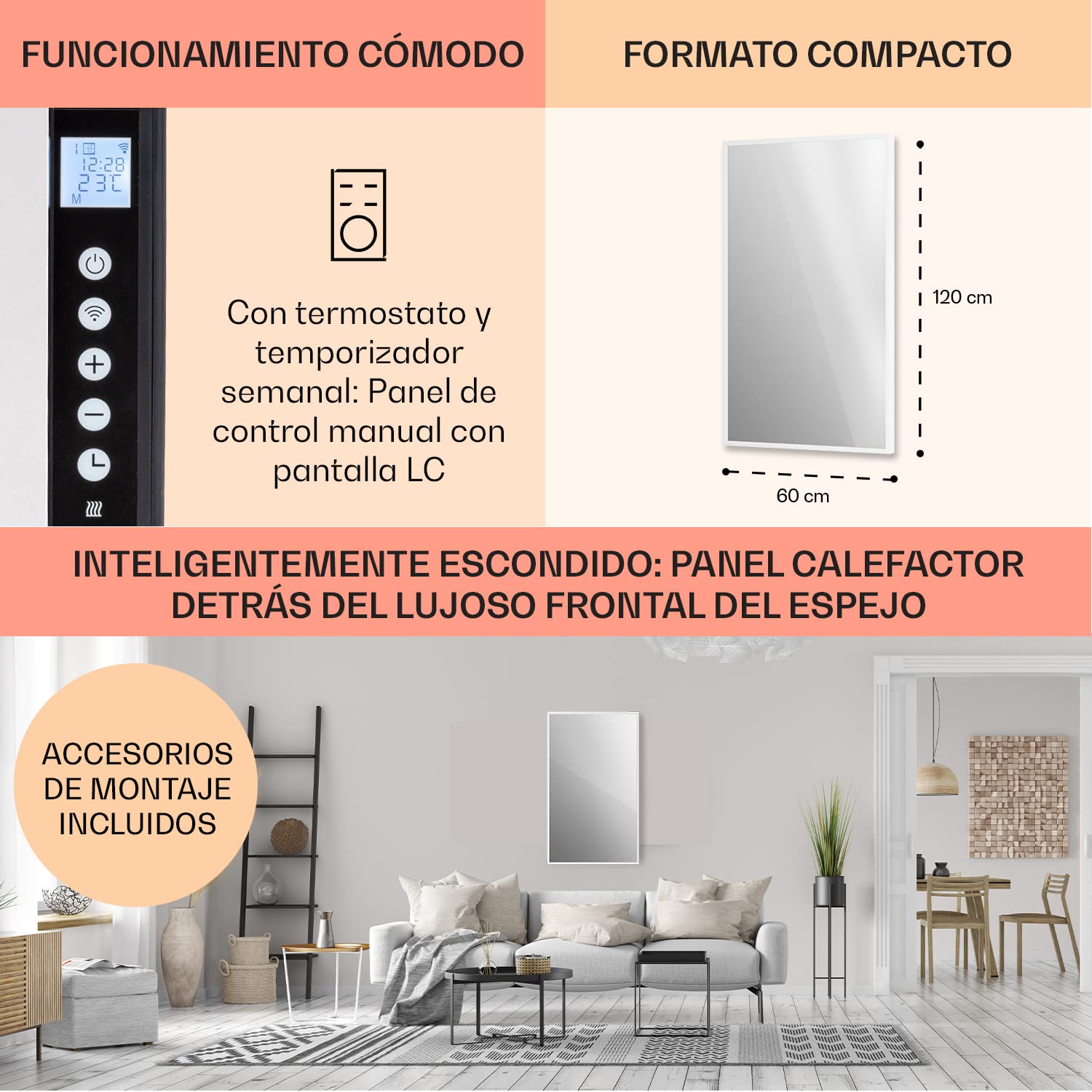 Klarstein Radiador Electrico Bajo Consumo con Panel de Infrarrojos, 1000W para Casa, Estufa Portátil con WiFi y Control por App, Detección Ventanas Abiertas, Calefactor Baño con Termostato, IP24