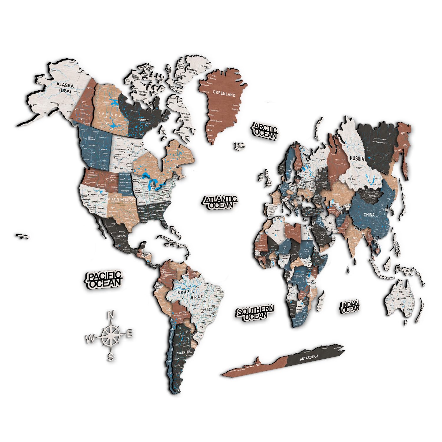 Giallobus - Mapa del mundo 3D - Mapa mundial 3D - Madera MDF - 120.5L x 70.5l cm - 06 - Multicolor wood OVERLAY - Decoración de Pared - Madera MDF Multinivel - Salón Oficina