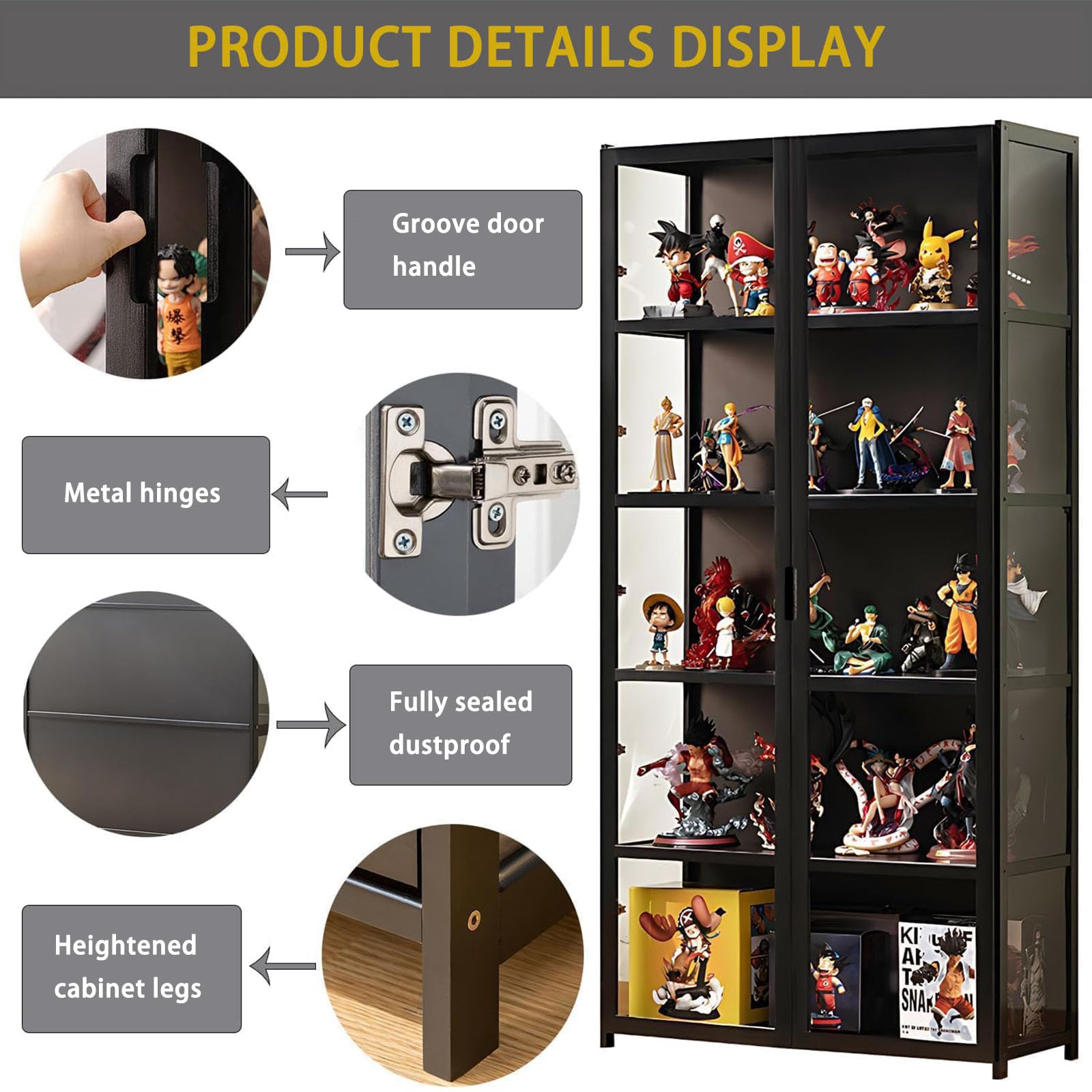 Vitrina de 5 pisos de pie, armarios Curio, estantería con puertas, puertas acrílicas transparentes, vitrina de coleccionista para sala de estar, oficina, libros, sala de juegos (Doble puerta negra)