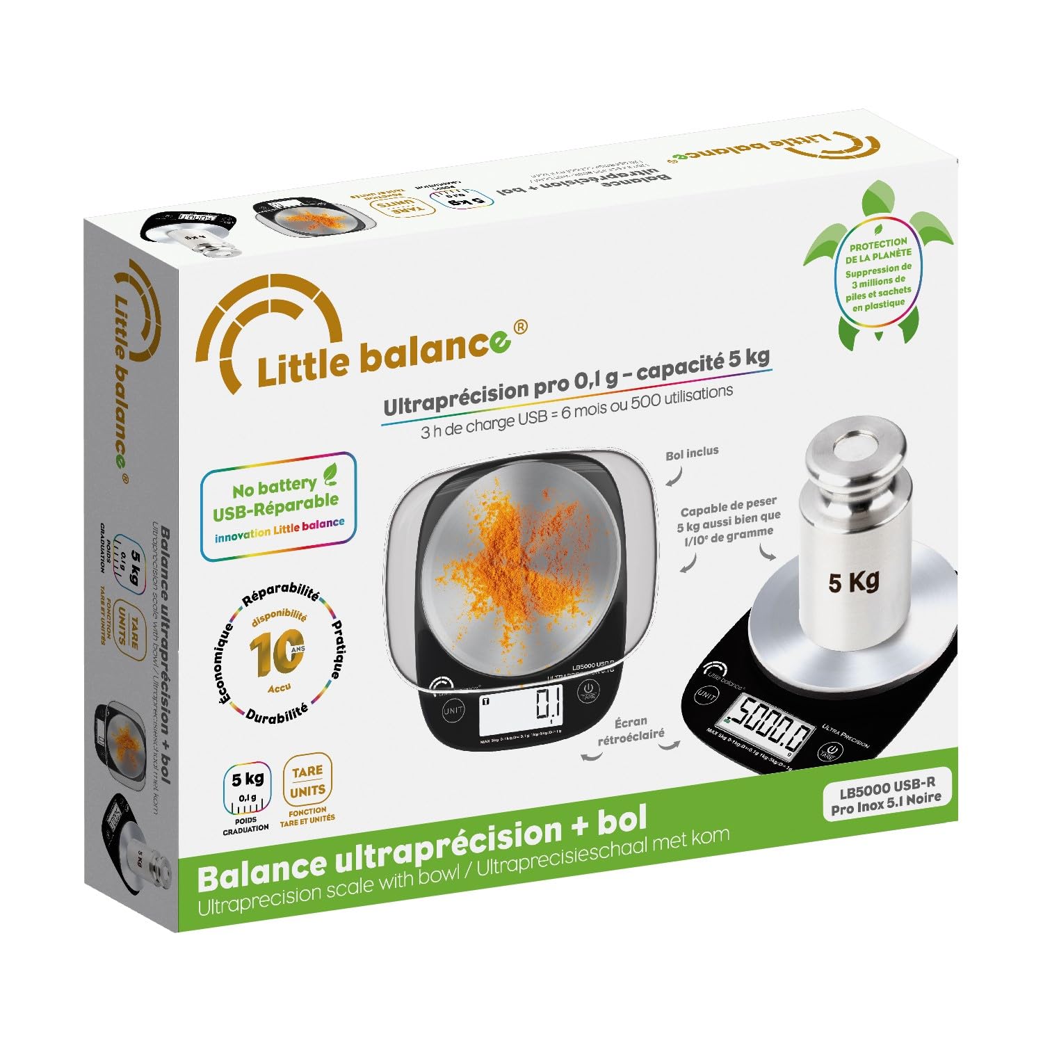 LITTLE BALANCE 8721 Pro Inox 5.1 con cuenco USB-C Ultra precisión, báscula sin pilas, báscula de letras, recarga USB-C, reparable, 0,1 g, negro
