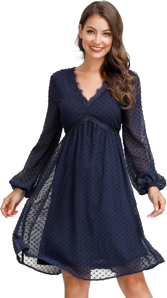 JASAMBAC Women's Swiss Dot Long Sleeve Bridesmaid Dress V Neck Maternity Dress