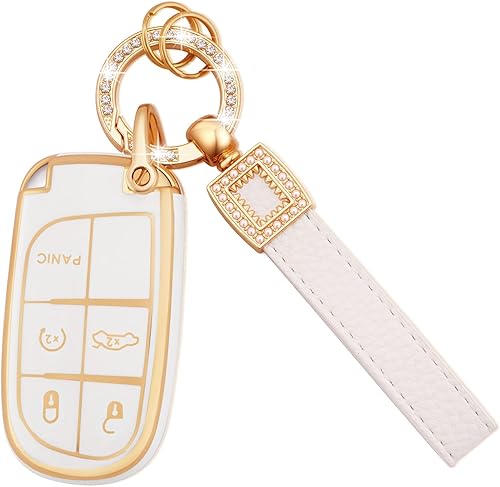 EKALA Funda para llavero Jeep con llavero de cuero, 5 botones de TPU suave, cubierta blanca para llavero compatible con Jeep Grand Cherokee Compass