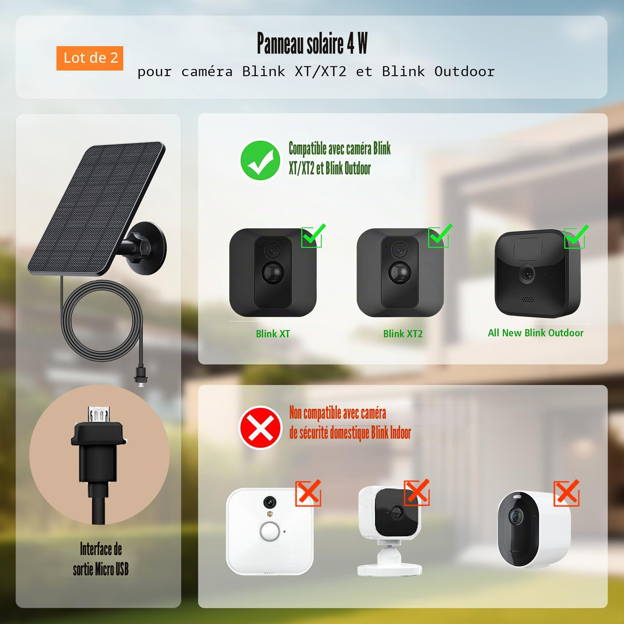 Panneau Solaire pour Caméra Blink d'extérieur, 4W Panneau Solaire pour Caméra Blink d'extérieur, Caméra Blink XT2/XT&SimpliSafe, IP65 Blink d'extérieur(3rd Gen) avec Connecteur en Caoutchouc(2 Pack)