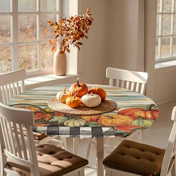Round Fitted Tablecloth Retro Autumn Farm Pumpkin Flower Washable Waterproof Oil-Proof Elastic Table Covers for Picnic Camping Indoor Dining Table Protector Thanksgiving Wood Board Fits 55-60 Tables