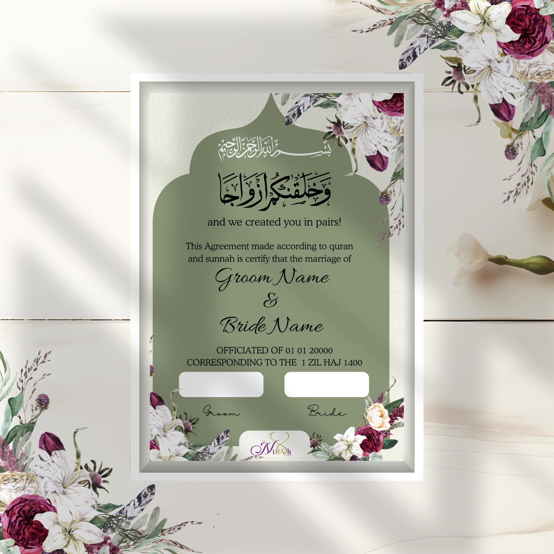 Islamic Wedding Certificate, Elegant Floral Design, Green and White, Framed Nikah Nama with Calligraphy, Premium Paper (Without Frame) (13x19)-picture-25
