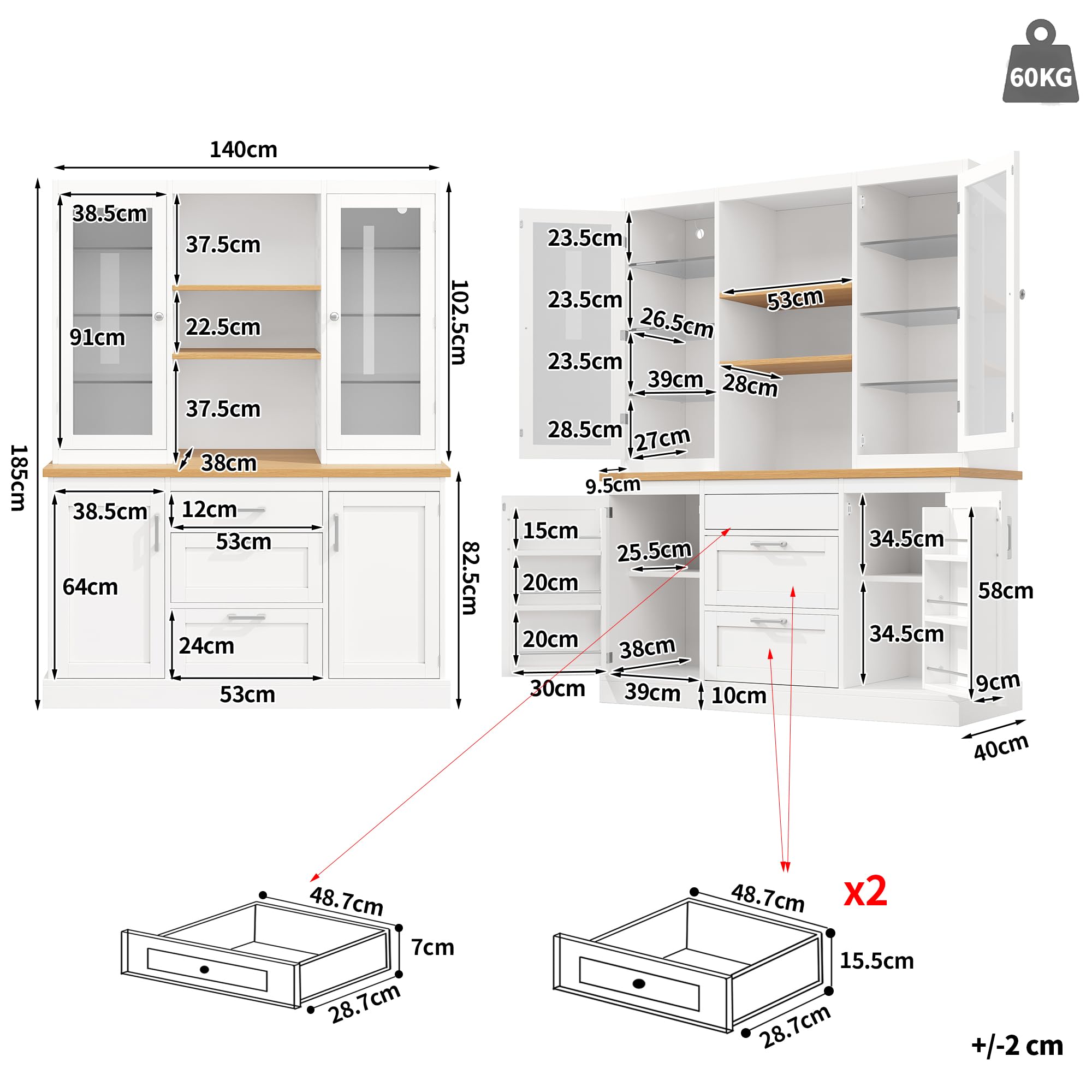 Dolamaní Credenza da cucina, 185 x 140 x 40 cm, buffet con illuminazione a LED controllata da app, ripiani regolabili, 3 cassetti, piano di lavoro (bianco)