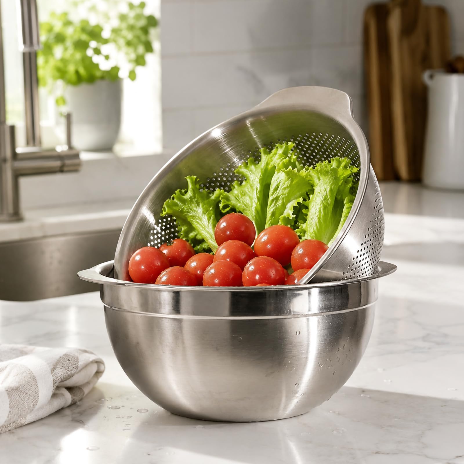 Produce - Juego de coladores para lavar (27 cm) | Lavabo de acero inoxidable 304, cesta de drenaje con asas, herramienta de enjuague de cocina