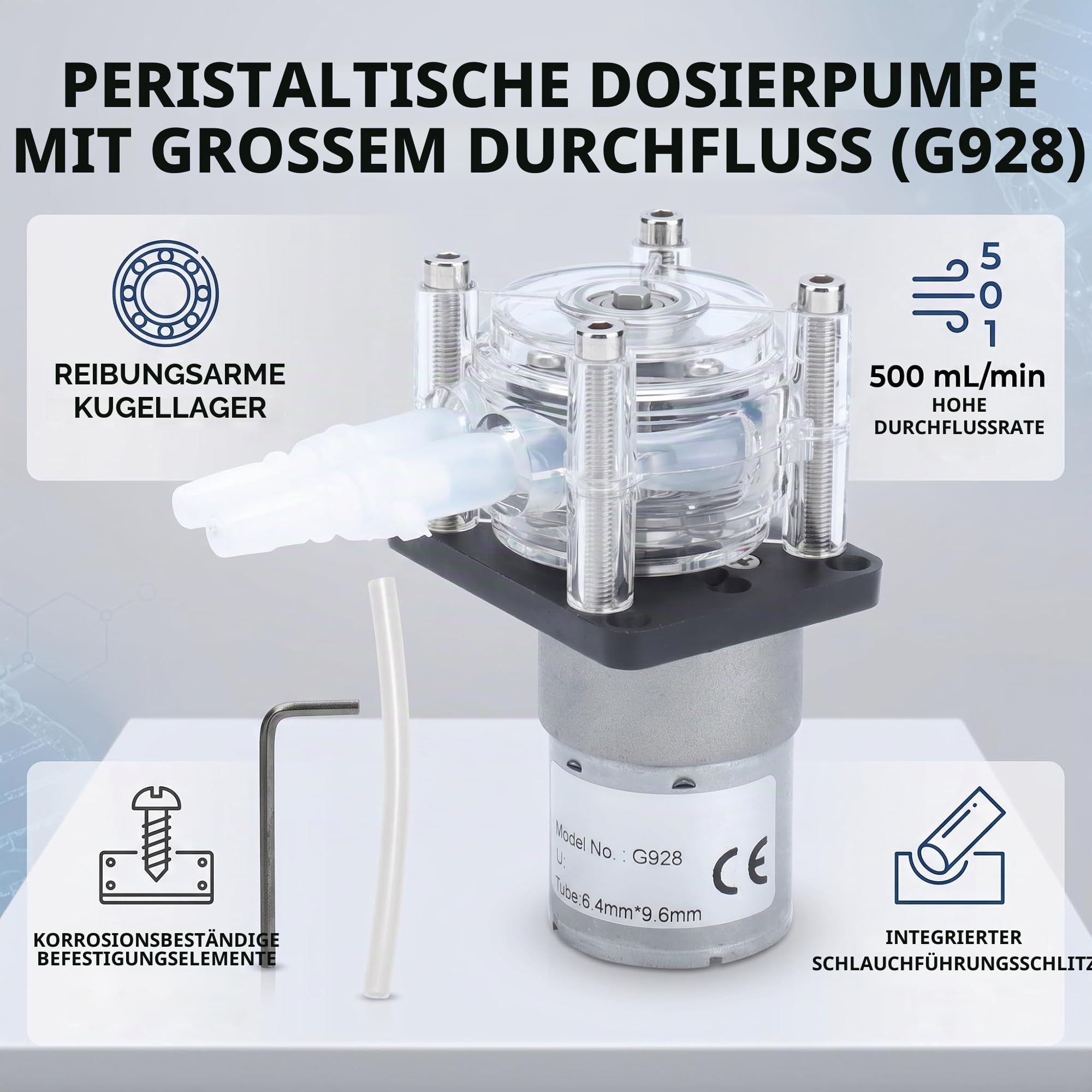 Fafeicy G928 24V Peristaltikpumpe, 500 ml/min Flüssigkeitsdosierpumpe mit Kugellager, Schlitzdesign und speziellem Silikonschlauch mit 3 Rollen, Panelmontage